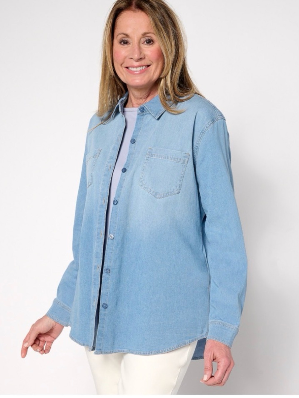 Martha Stewart Signature Button-Front Indigo Denim Shirt Size Large Light Wash